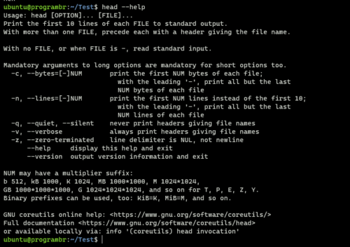 head --help command in Linux