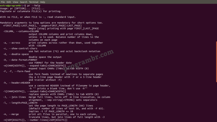 pr -help command in linux