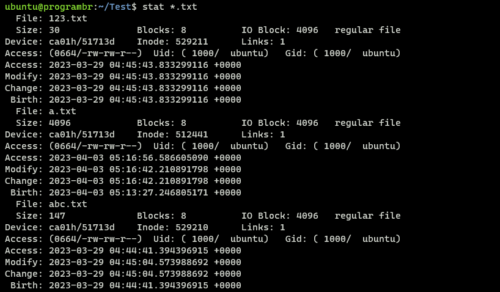 stat all files with same extension in a directory